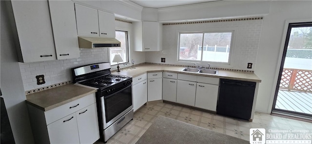 kitchen with light floors, a sink, extractor fan, dishwasher, and gas range