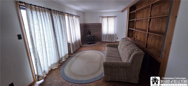 living area with a wood stove