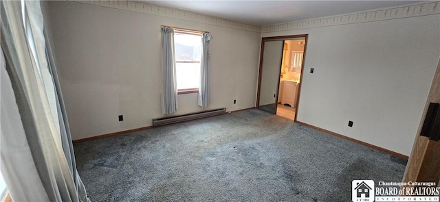 unfurnished bedroom with baseboards, baseboard heating, and carpet