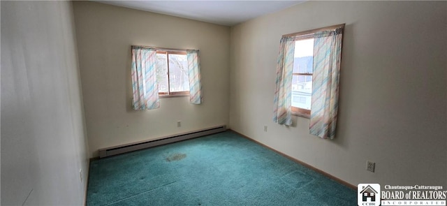 empty room featuring a wealth of natural light, baseboard heating, and carpet flooring