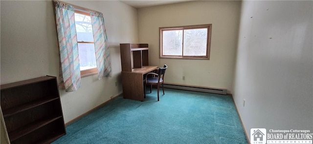 carpeted home office with baseboard heating