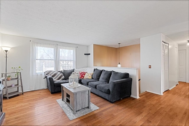 living area with light wood finished floors and a textured ceiling