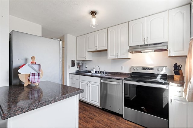 kitchen featuring under cabinet range hood, appliances with stainless steel finishes, dark countertops, and a sink