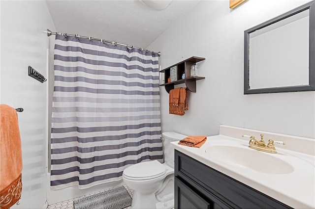 full bathroom with vanity, toilet, shower / bathtub combination with curtain, and a textured ceiling