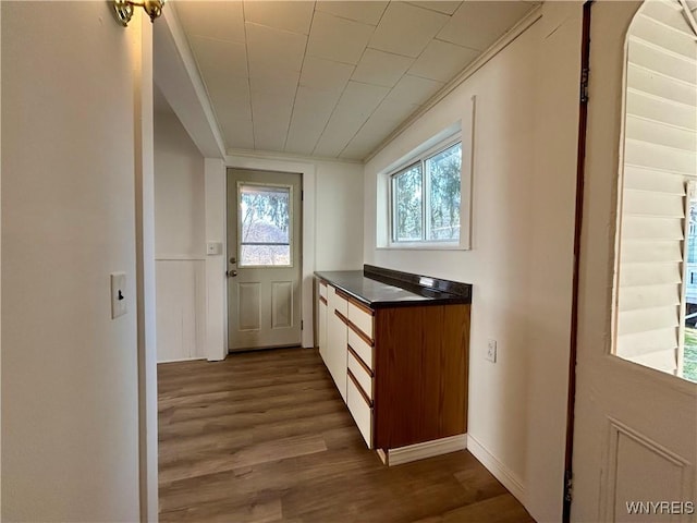 kitchen with a wealth of natural light, dark countertops, dark wood finished floors, and crown molding