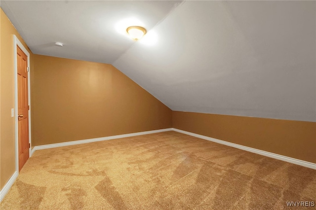 additional living space featuring baseboards, lofted ceiling, and carpet