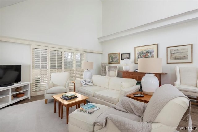 living room with a high ceiling and wood finished floors