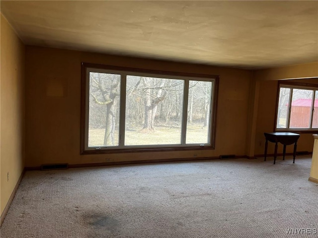 carpeted spare room with visible vents and baseboards