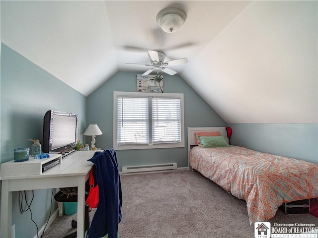 carpeted bedroom with lofted ceiling, baseboard heating, and ceiling fan