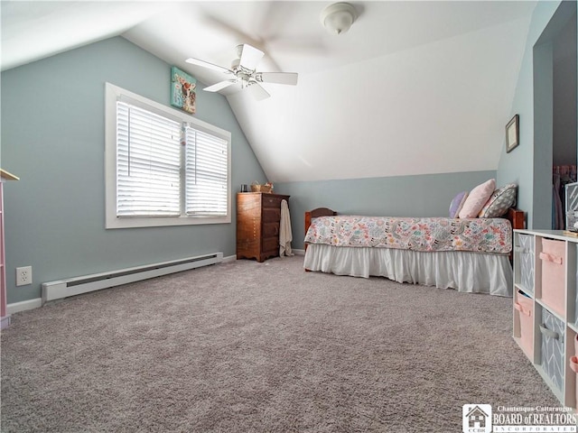 carpeted bedroom featuring baseboards, a baseboard heating unit, a ceiling fan, and vaulted ceiling