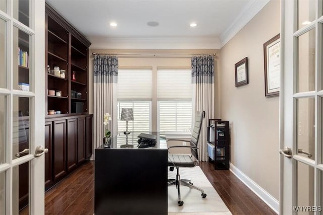 office space with crown molding, baseboards, dark wood-style flooring, and french doors