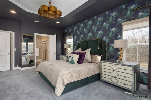 carpeted bedroom featuring baseboards, wallpapered walls, recessed lighting, ornamental molding, and a notable chandelier