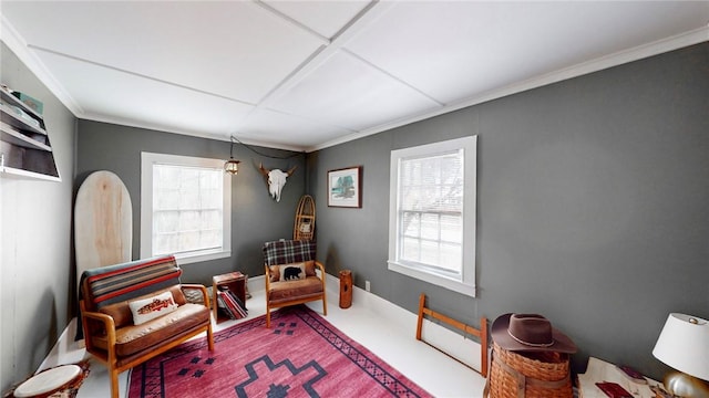 sitting room with baseboards and ornamental molding