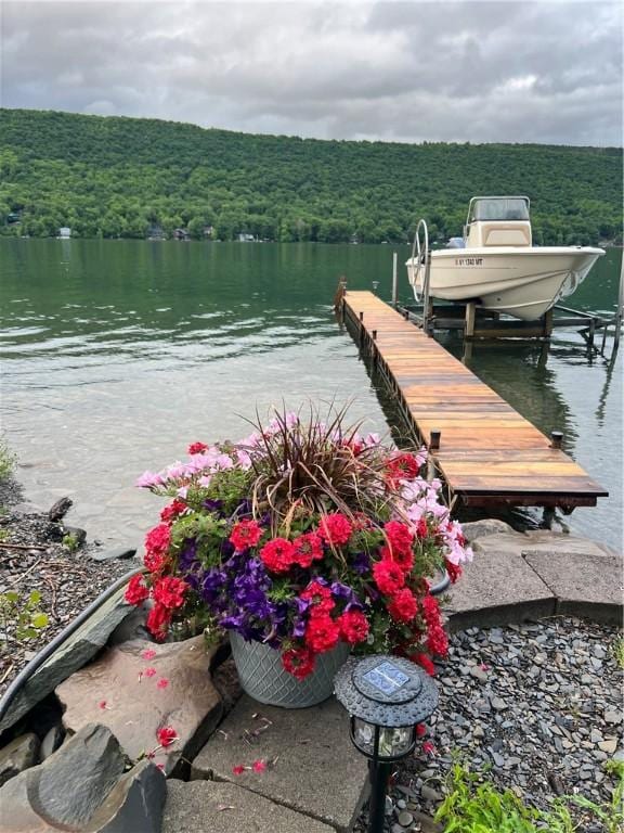 view of dock featuring boat lift, a wooded view, and a water view