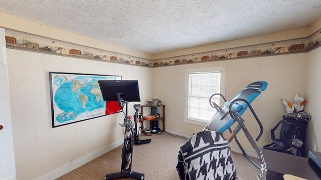 exercise room with a textured ceiling and carpet flooring