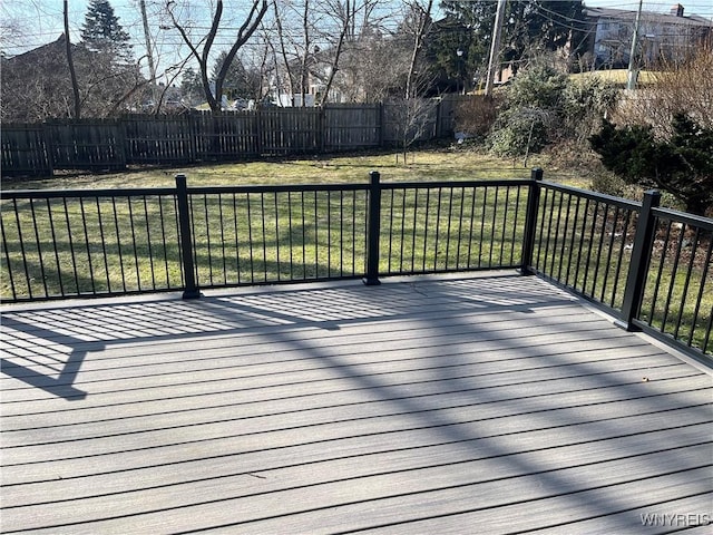 wooden deck featuring a yard and fence