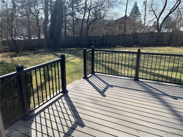 deck featuring a fenced backyard and a lawn