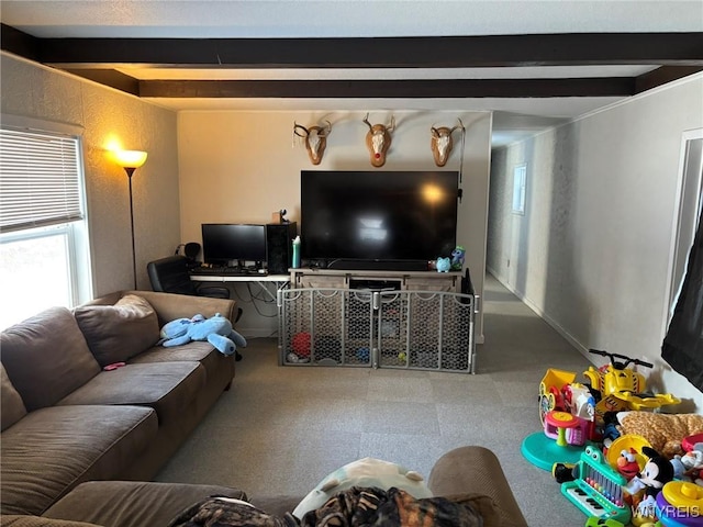 living area with beamed ceiling