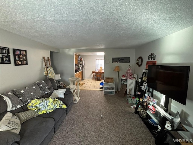 carpeted living room featuring a textured ceiling