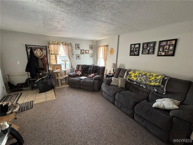 carpeted living area with tile patterned floors and a textured ceiling