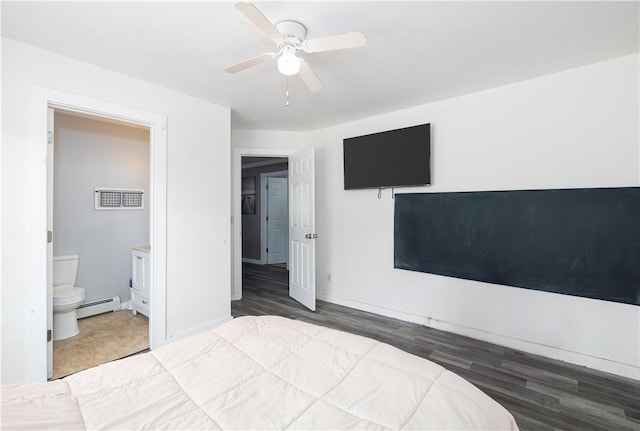 bedroom with wood finished floors, baseboards, ensuite bath, ceiling fan, and a baseboard heating unit