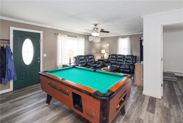 rec room with ornamental molding, billiards, and wood finished floors