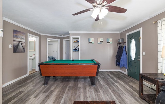 playroom with billiards, wood finished floors, baseboards, and ceiling fan