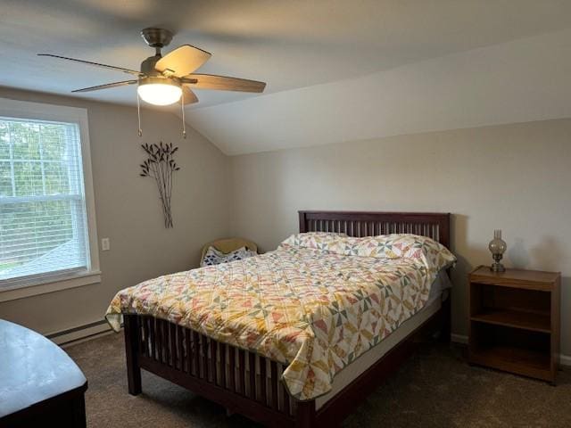 carpeted bedroom featuring a baseboard radiator, lofted ceiling, and a ceiling fan