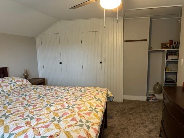 carpeted bedroom with a ceiling fan and lofted ceiling