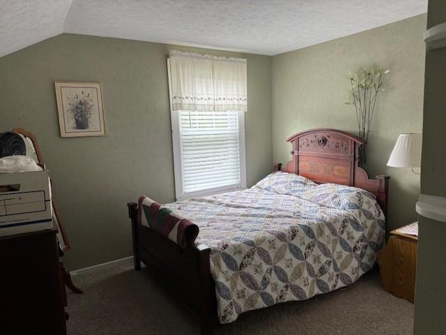 carpeted bedroom featuring lofted ceiling and a textured ceiling