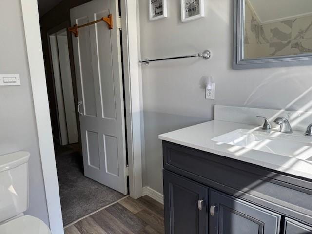 bathroom featuring vanity, toilet, and wood finished floors