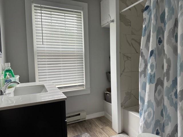 bathroom featuring a baseboard radiator, baseboards, a healthy amount of sunlight, and wood finished floors