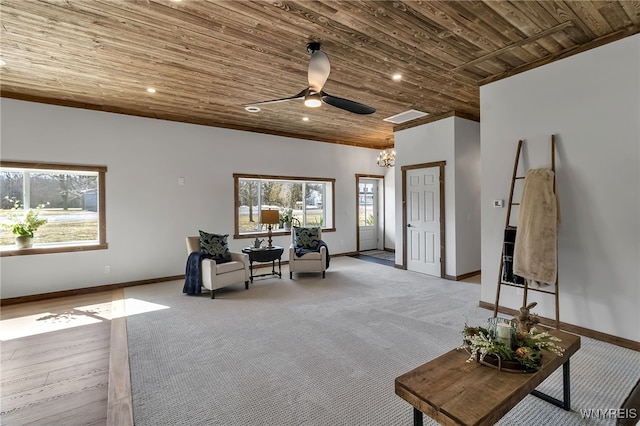 sitting room featuring baseboards, plenty of natural light, wood ceiling, and ceiling fan with notable chandelier