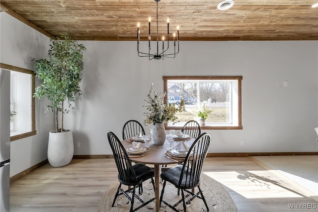 dining room with visible vents, baseboards, wood ceiling, light wood-type flooring, and a notable chandelier