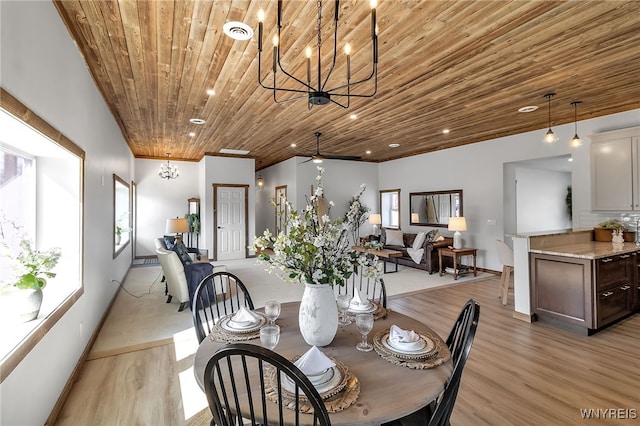 dining area featuring visible vents, light wood finished floors, an inviting chandelier, recessed lighting, and wood ceiling