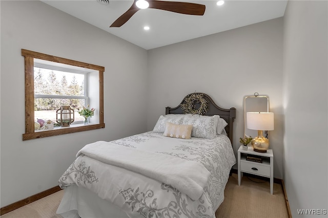 carpeted bedroom featuring recessed lighting, a ceiling fan, and baseboards