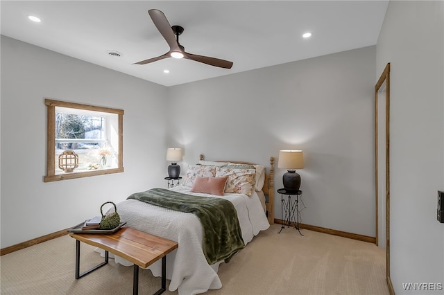 bedroom with recessed lighting, baseboards, light carpet, and ceiling fan