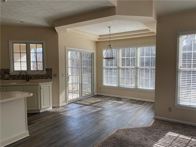 unfurnished dining area featuring a sink, a tray ceiling, baseboards, and a textured ceiling