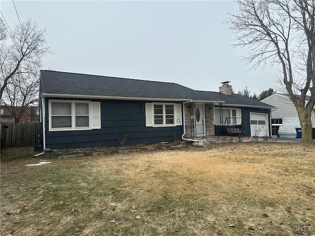 single story home featuring a front yard, an attached garage, a chimney, and fence