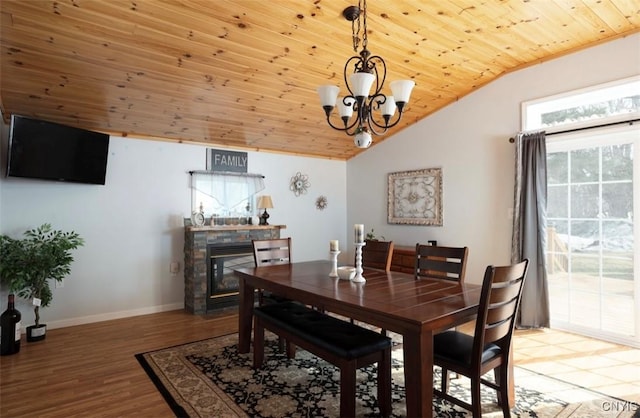 dining space with baseboards, lofted ceiling, light wood-style flooring, wooden ceiling, and a chandelier