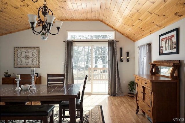 dining area featuring lofted ceiling, light wood finished floors, wooden ceiling, and a chandelier