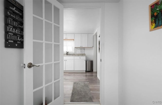 hall with a sink and wood finished floors