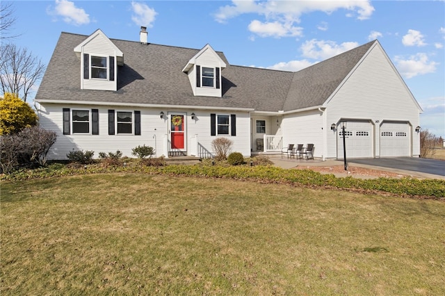 cape cod-style house with aphalt driveway, a garage, roof with shingles, and a front lawn