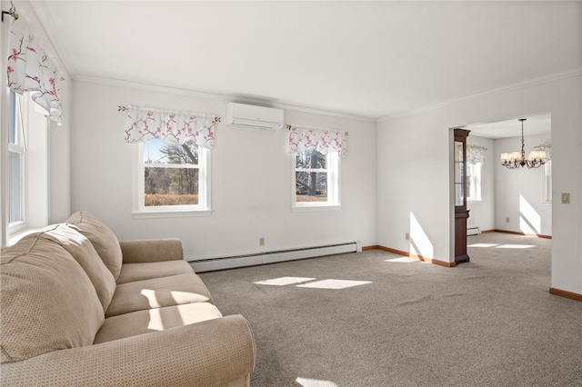 living area featuring an AC wall unit, carpet, an inviting chandelier, baseboards, and baseboard heating