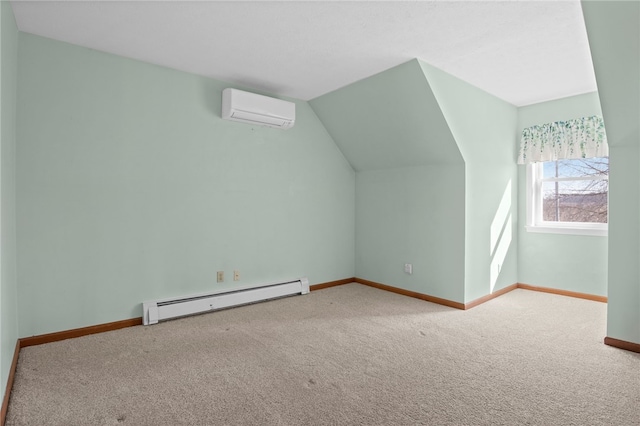 bonus room with baseboards, a wall mounted air conditioner, carpet, and a baseboard radiator