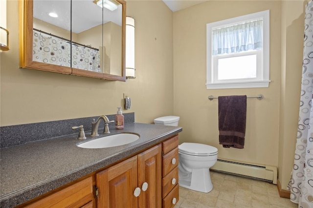 full bath with a shower with curtain, baseboard heating, vanity, and toilet