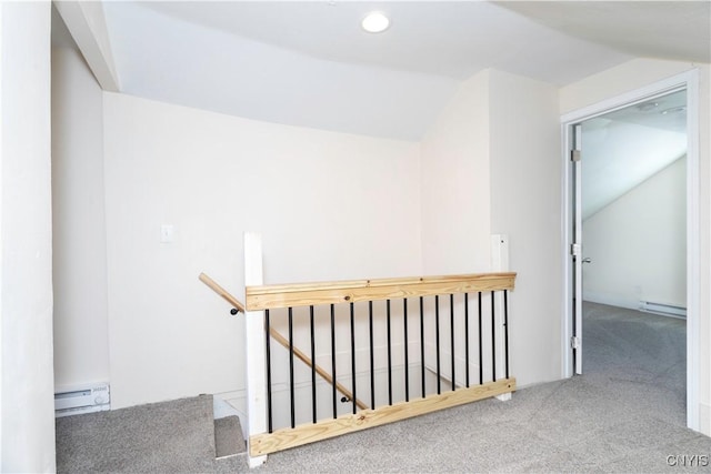 stairway with a baseboard heating unit, recessed lighting, carpet floors, a baseboard radiator, and vaulted ceiling