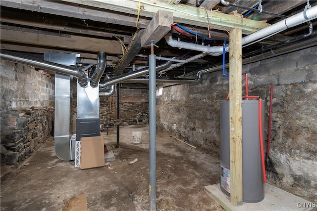 unfinished basement with heating unit and water heater