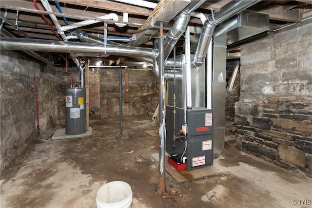 unfinished basement featuring heating unit and water heater