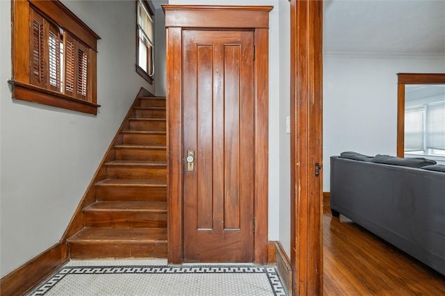 stairs featuring wood finished floors, baseboards, a healthy amount of sunlight, and ornamental molding